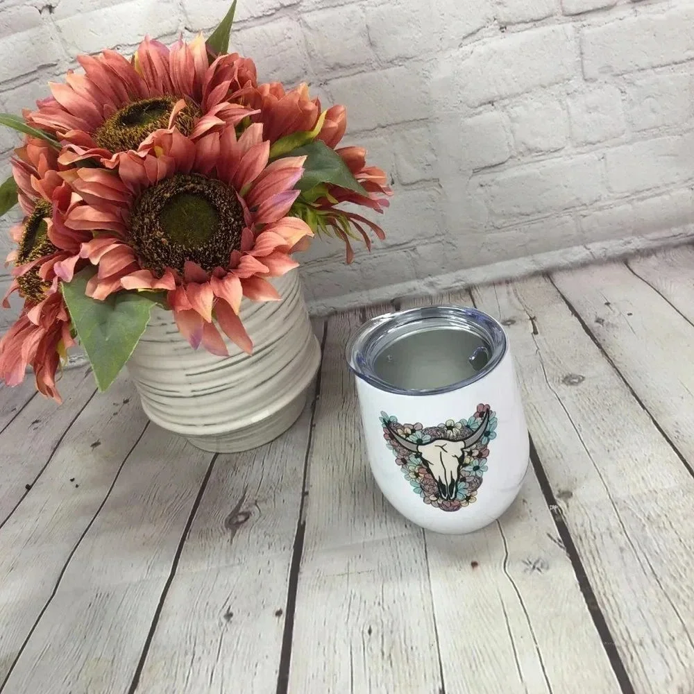 Boutique NWT Stemless insulated wine tumbler cow skull steer bull boho western